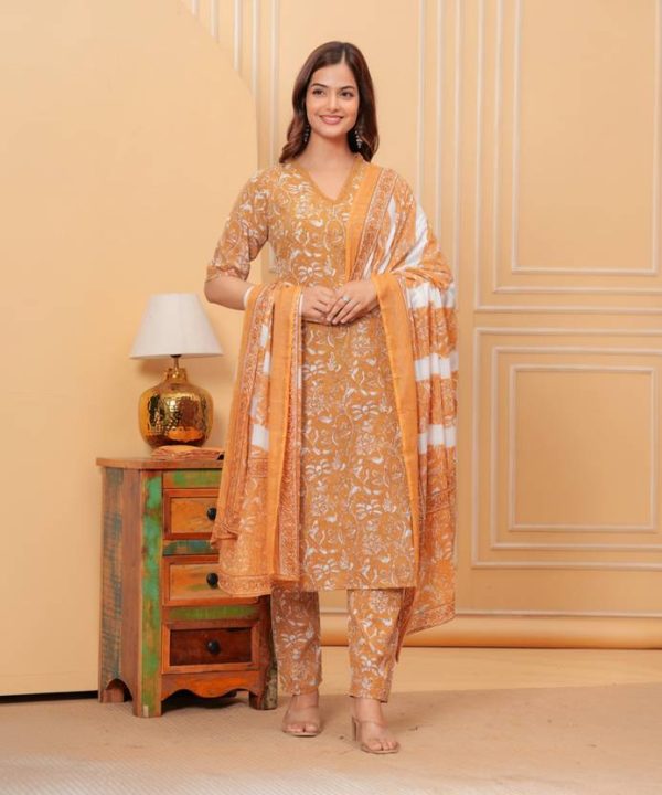 Women Pure Cotton Kurti Pant Dupatta Set