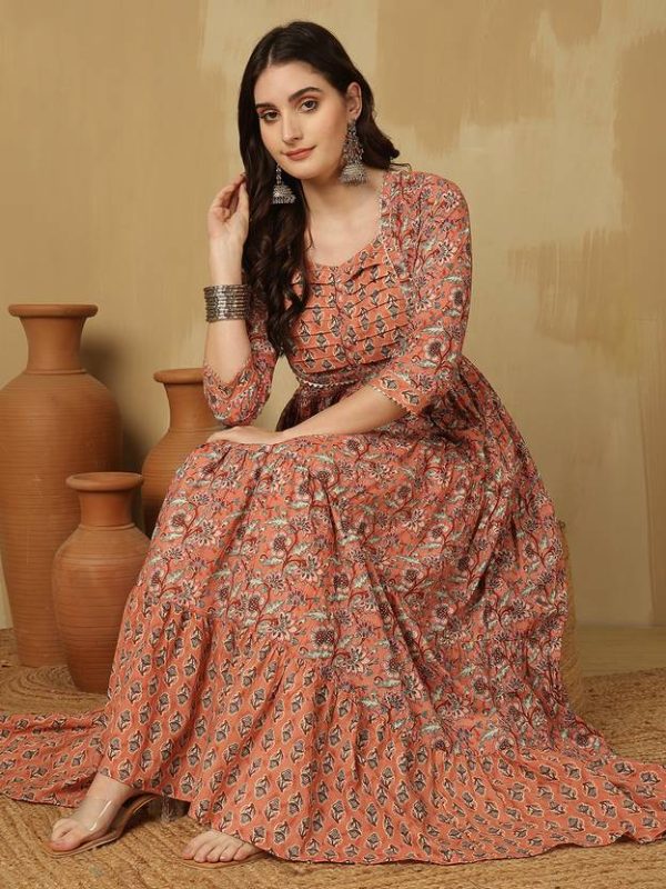 Floral Print Pure Cotton Stitched Anarkali Gown