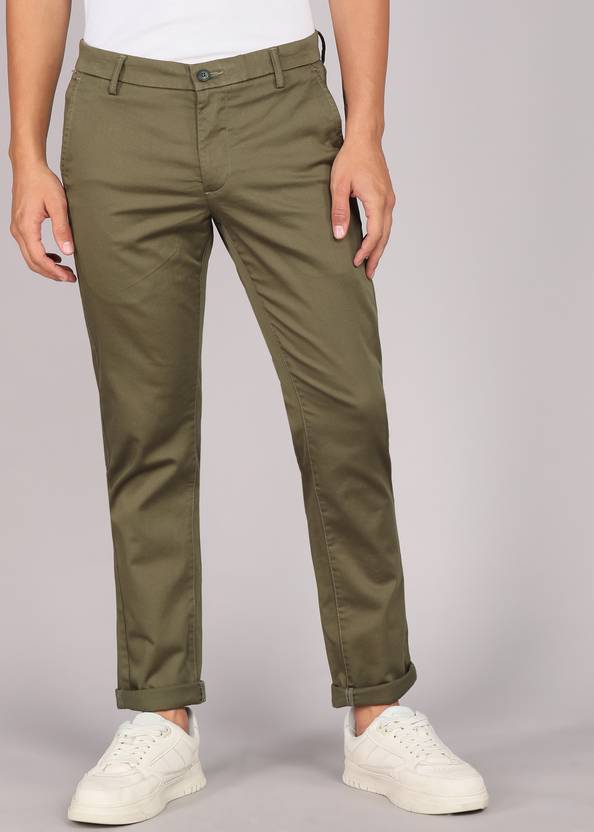 Men Slim Fit Green Polyester Trousers