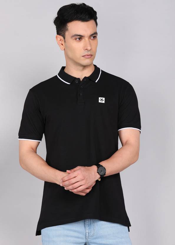 Men Solid Polo Neck Pure Cotton Black T-Shirt