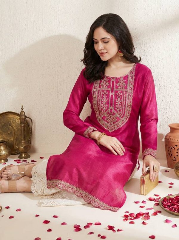 Women Embroidered Silk Blend Straight Kurta