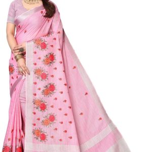 Embroidered Bollywood Linen, Cotton Linen Saree (Pink)