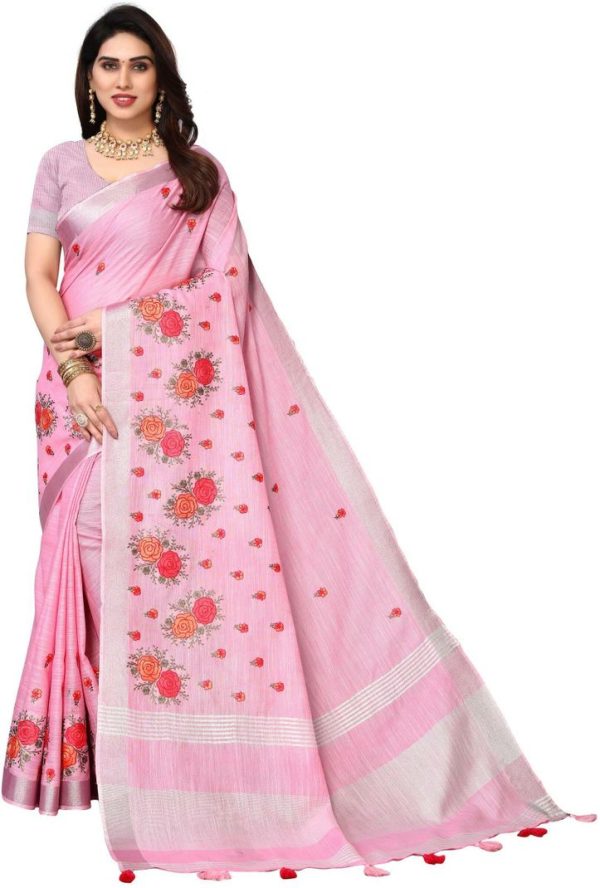 Embroidered Bollywood Linen, Cotton Linen Saree (Pink)