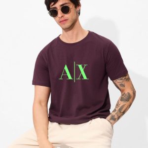 Men Printed Round Neck Pure Cotton Maroon T-Shirt