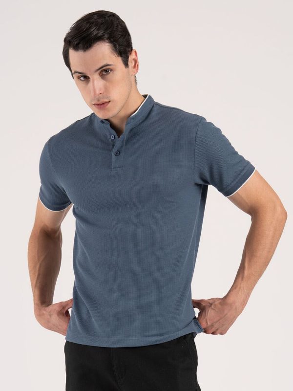 Men Solid Henley Neck Cotton Blend Blue T-Shirt
