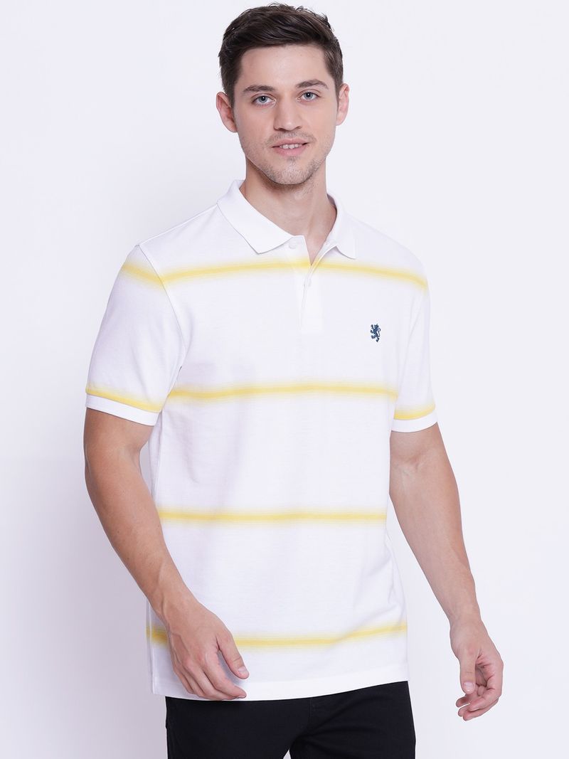 Men Striped Polo Neck Pure Cotton White, Yellow T-Shirt